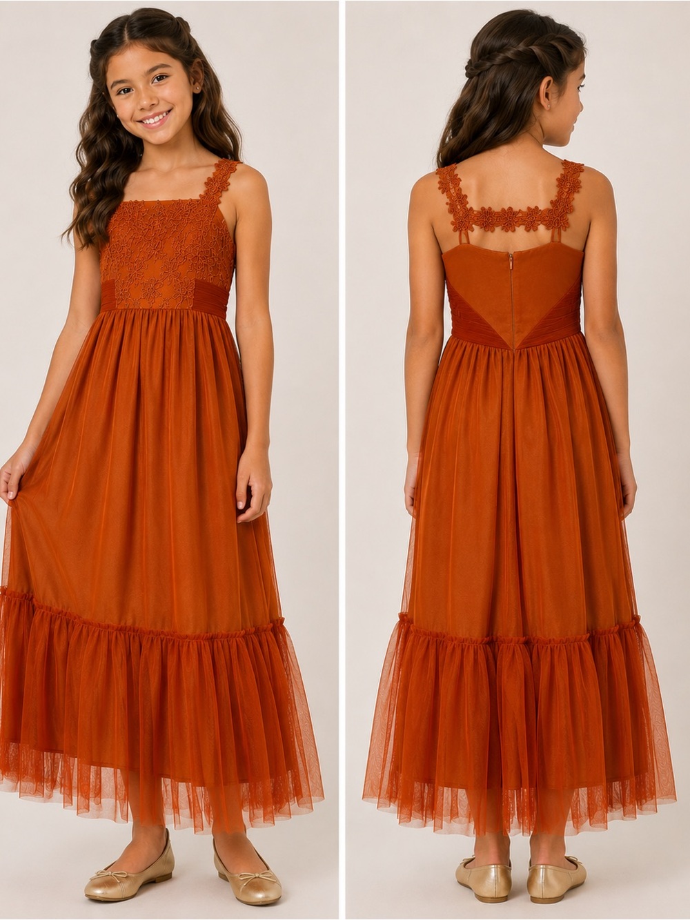 Youth Girls Size 12 Burnt Orange Lace Tulle Formal Maxi Dress